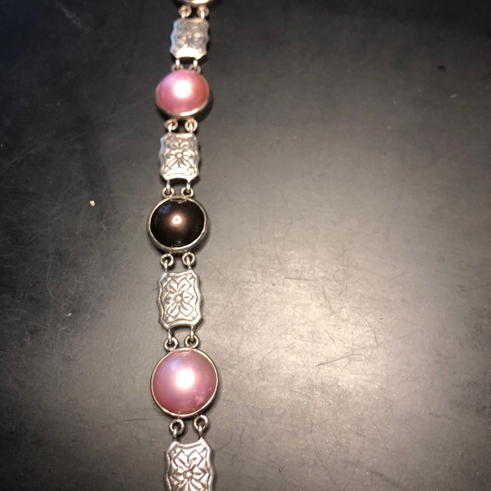 Women's Silver Link Bracelet with Pink and Black Cabochons